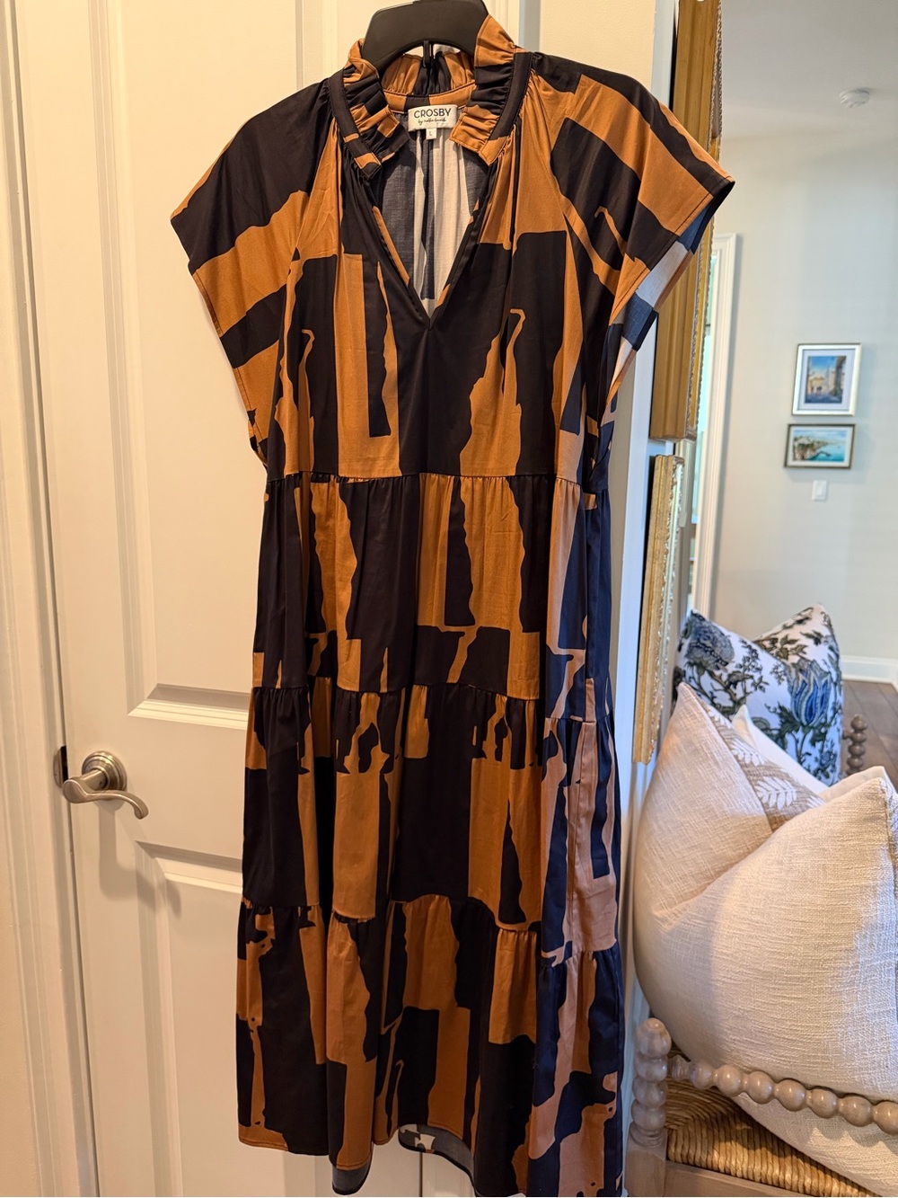 CROSBY by Mollie Burch Black and Brown Abstract Tiered Maxi Dress